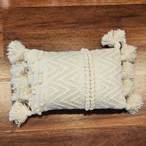 Cream Woven Boho Tassel Decorative Pillow 9x13"